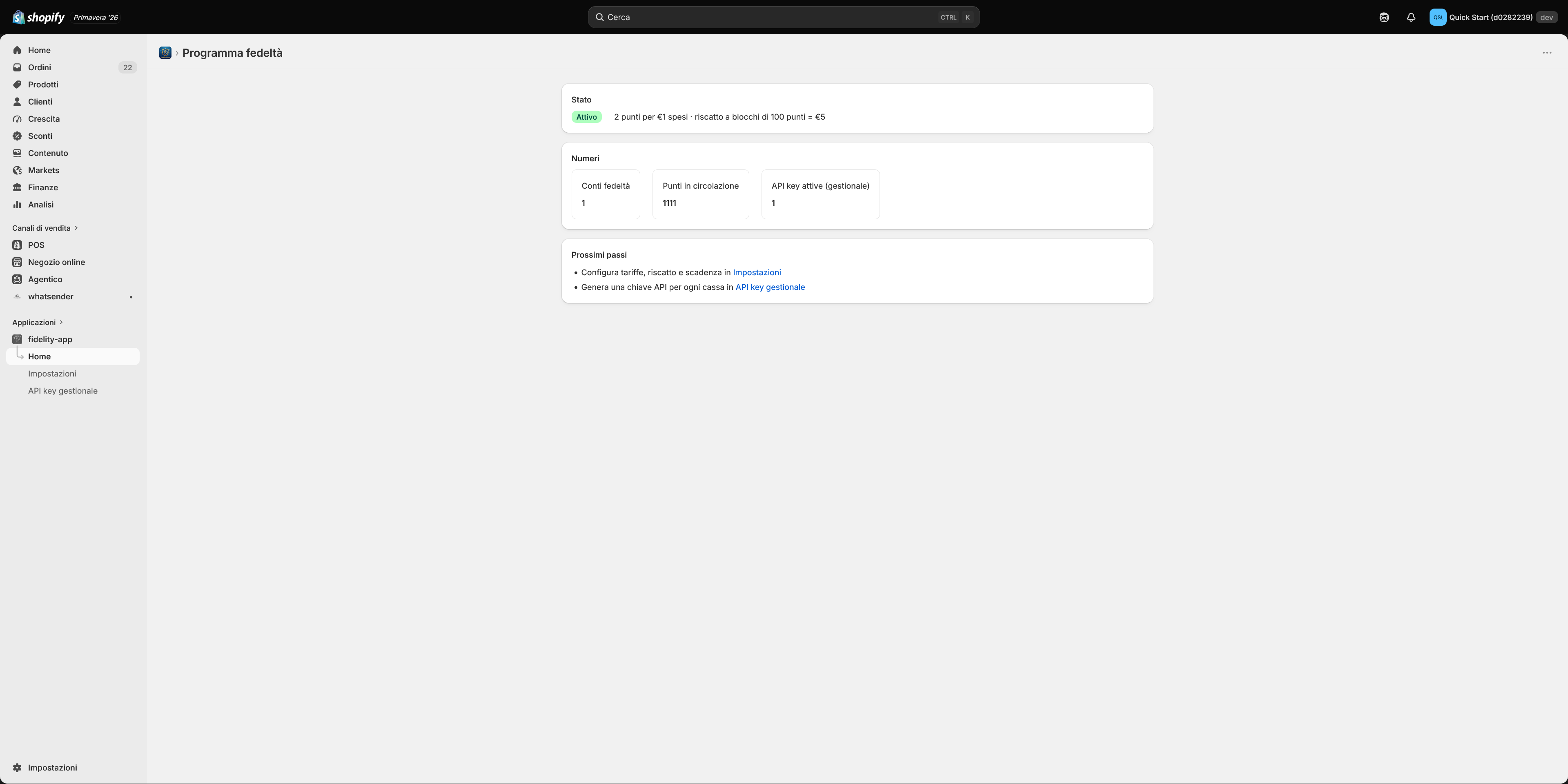 Dashboard programma fedeltà